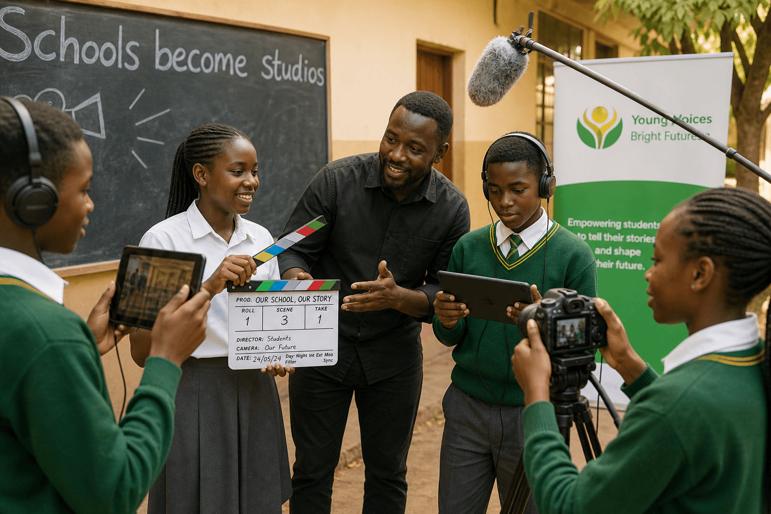 Students filming a documentary with their teacher in a school courtyard