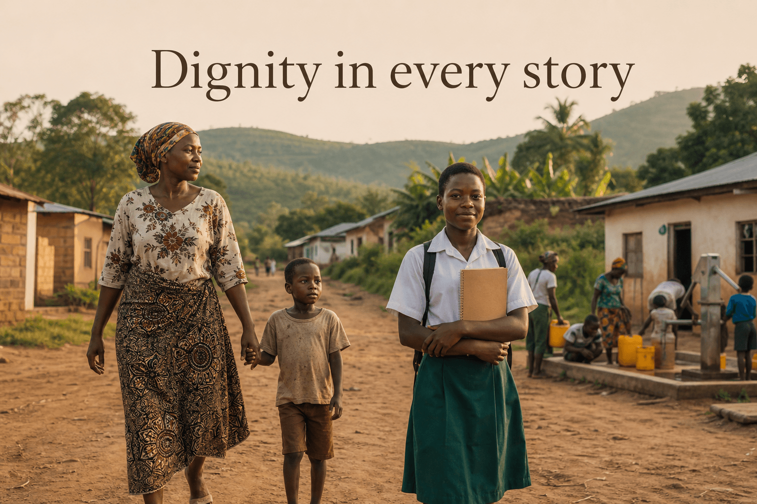 Rural African community at golden hour, mother and child walking with hope